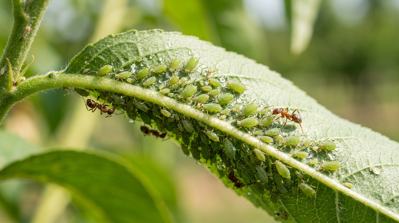 Colonie de pucerons verts sous une feuille de pêcher