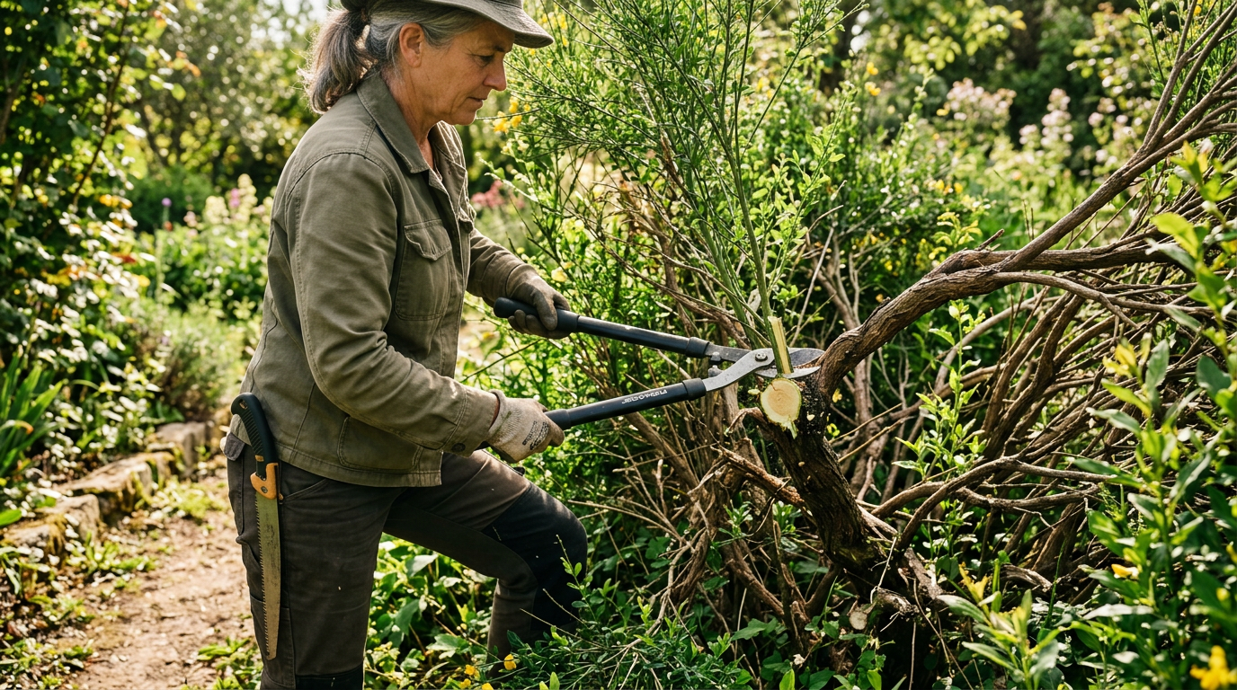 Rabattage sévère d'un vieux genêt pour le rajeunir