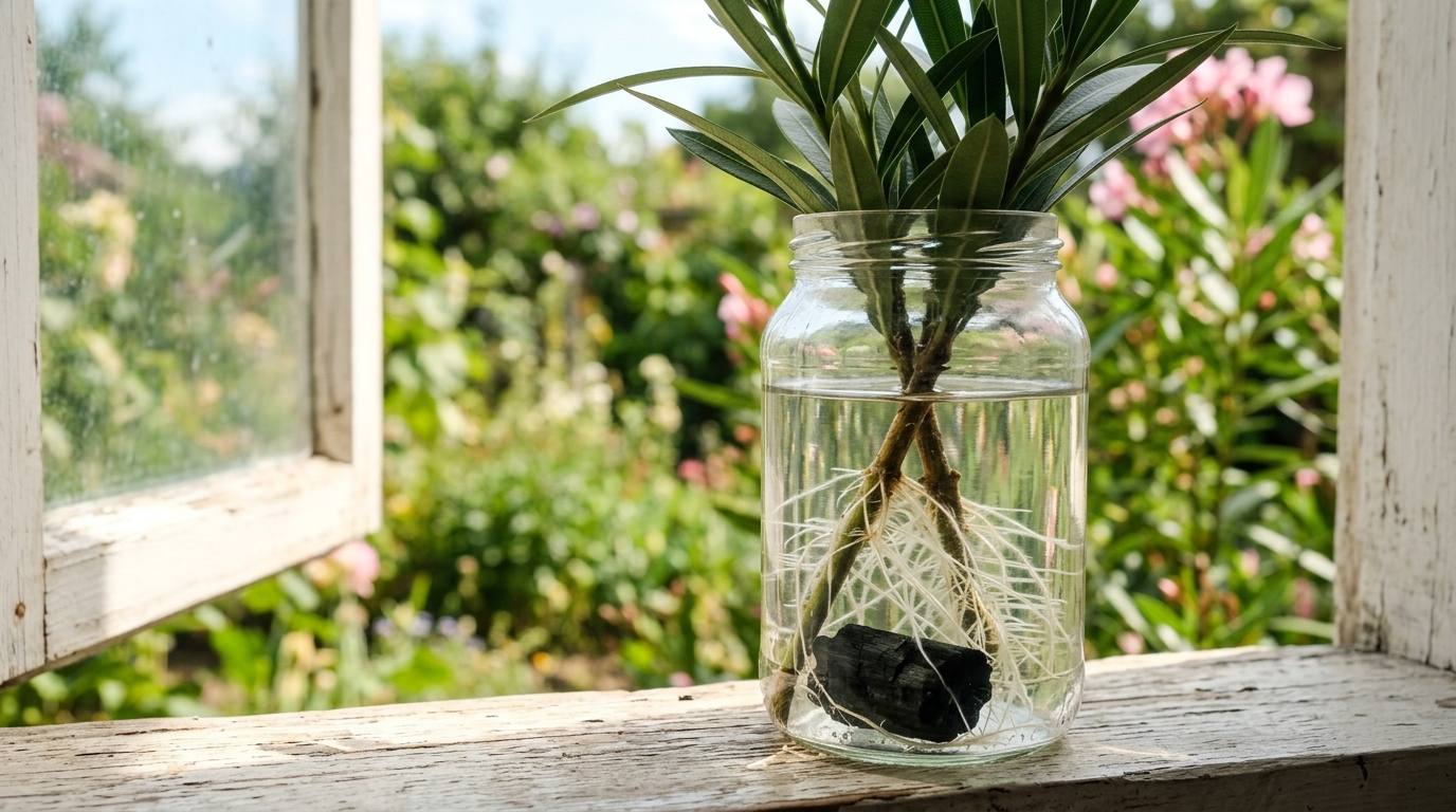 Bouture de laurier-rose développant des racines dans un verre d'eau