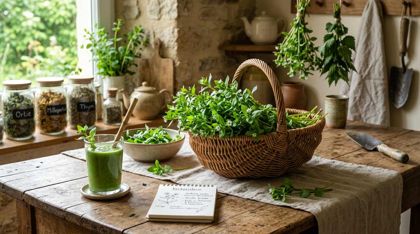 Panier de récolte rempli de mouron des oiseaux frais pour usage culinaire et médicinal