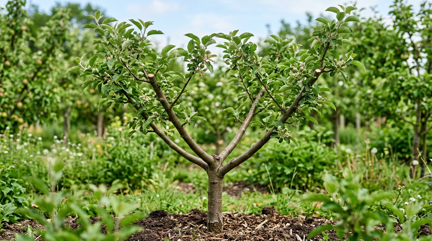 Structure en gobelet d'un jeune prunier avec branches charpentières bien réparties