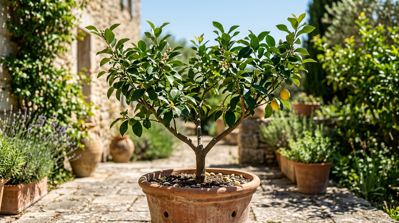 Structure en gobelet ouvert d'un jeune citronnier en pot pour maximiser la lumière