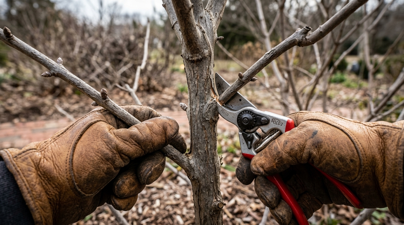 Taille de fin d'hiver d'un lilas des Indes avec un sécateur pour stimuler les rameaux