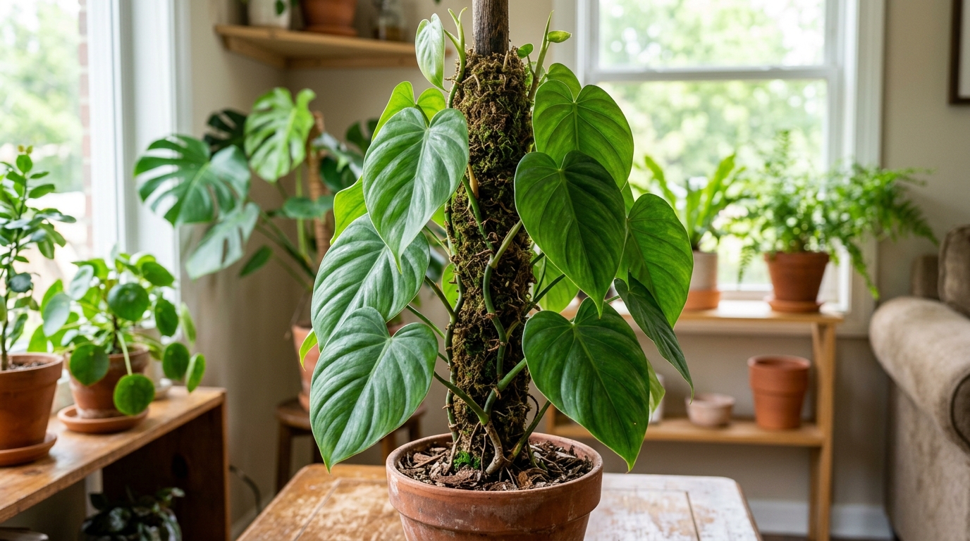 Philodendron scandens grimpant sur un tuteur en sphaigne avec de grandes feuilles