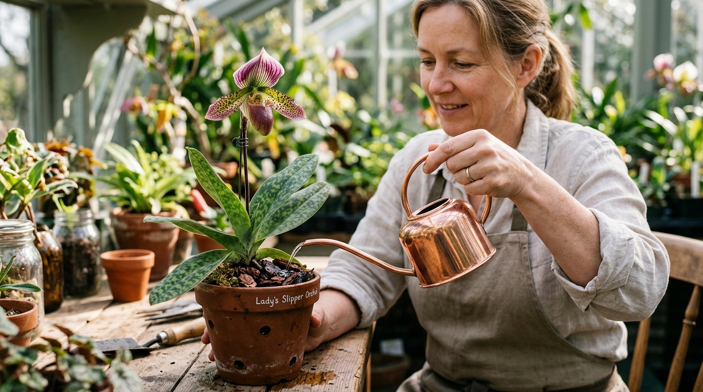 Arrosage délicat d'un sabot de Vénus en pot avec un arrosoir en cuivre