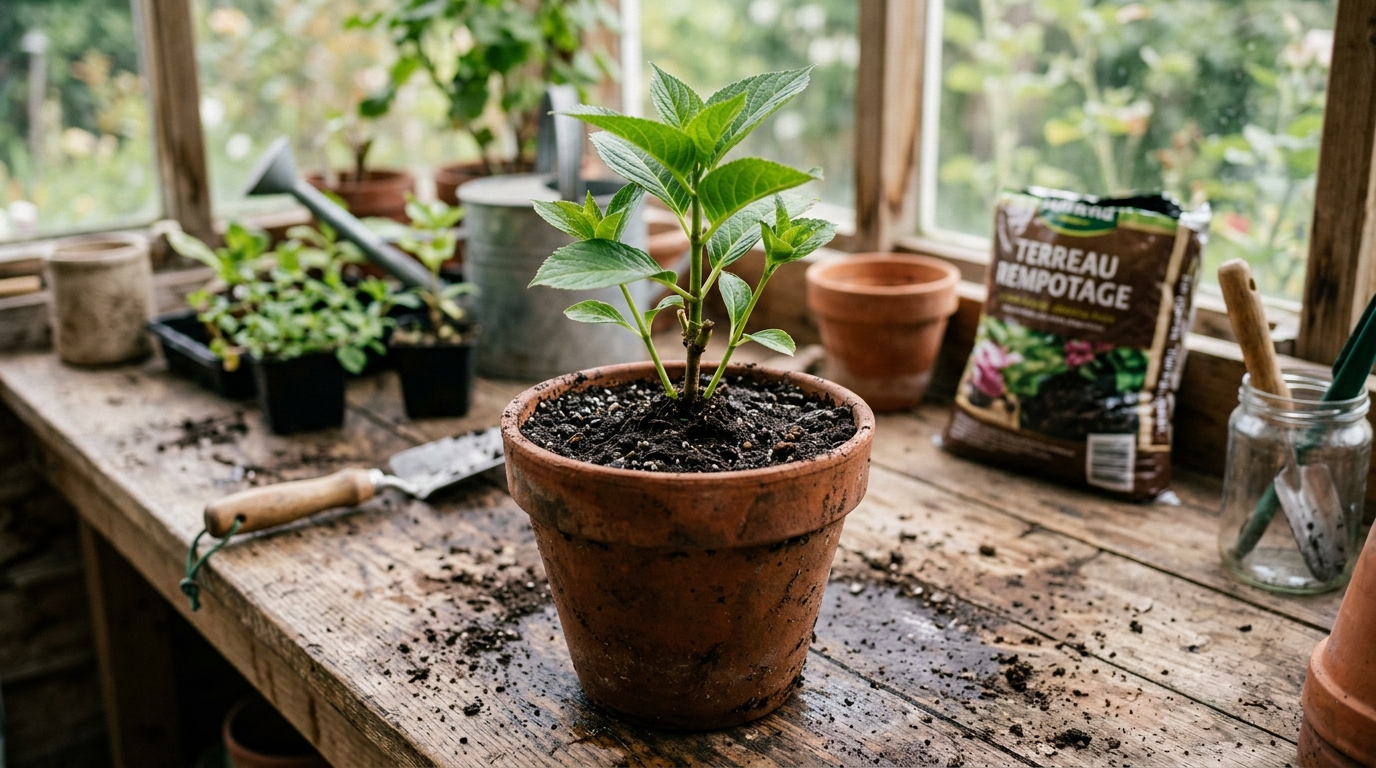 Bouture d'hortensia plantée dans un terreau riche en pot