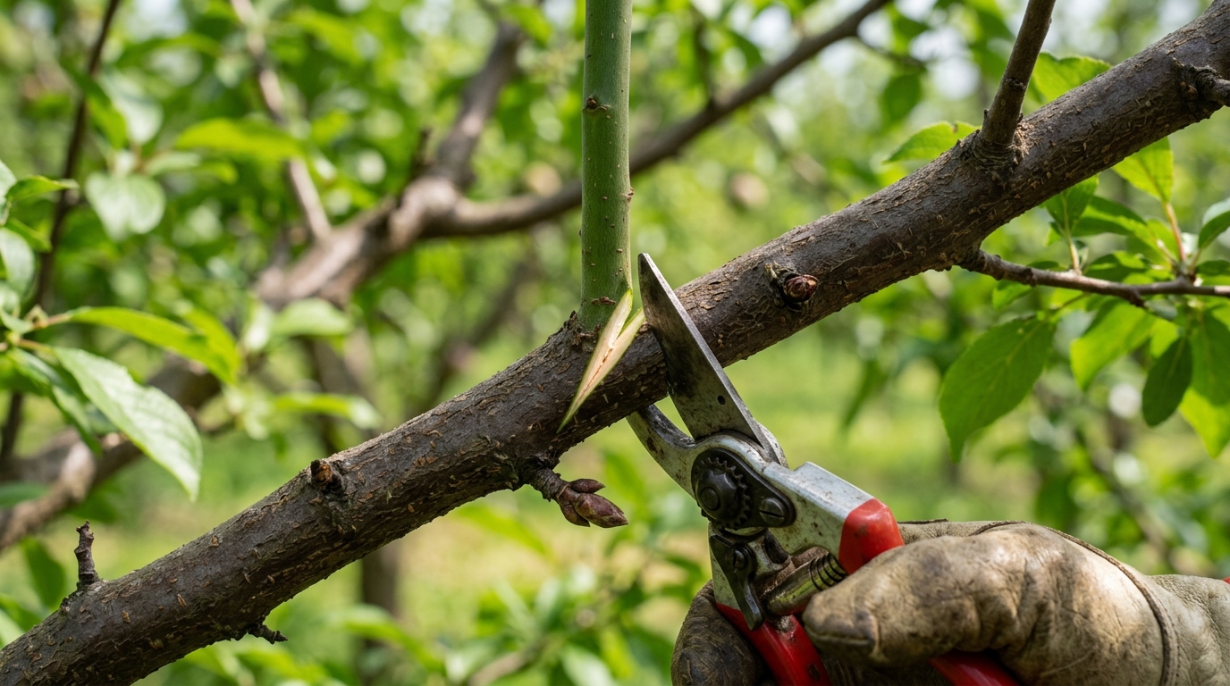 Coupe d'un gourmand vertical sur une branche de prunier