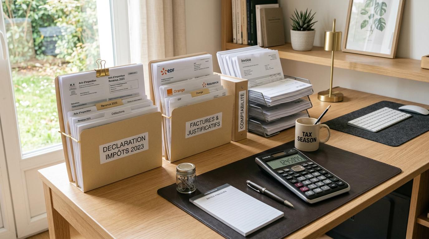 Documents fiscaux et calculatrice pour la déclaration du crédit d'impôt