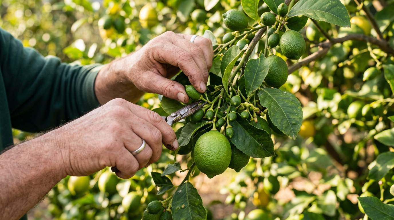 Éclaircissage manuel des petits citrons verts sur une branche pour favoriser le calibre des fruits