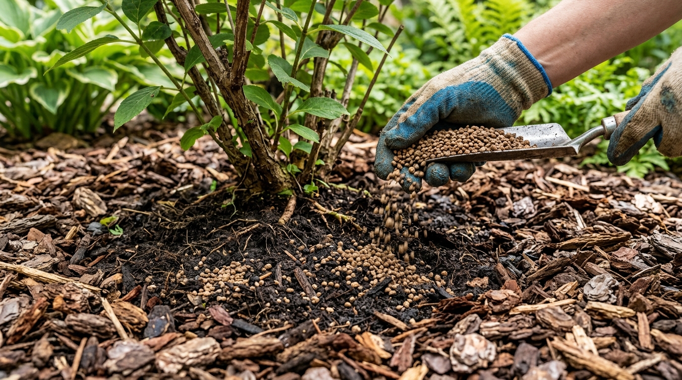 Application d'engrais riche en potasse et paillage au pied d'un arbuste
