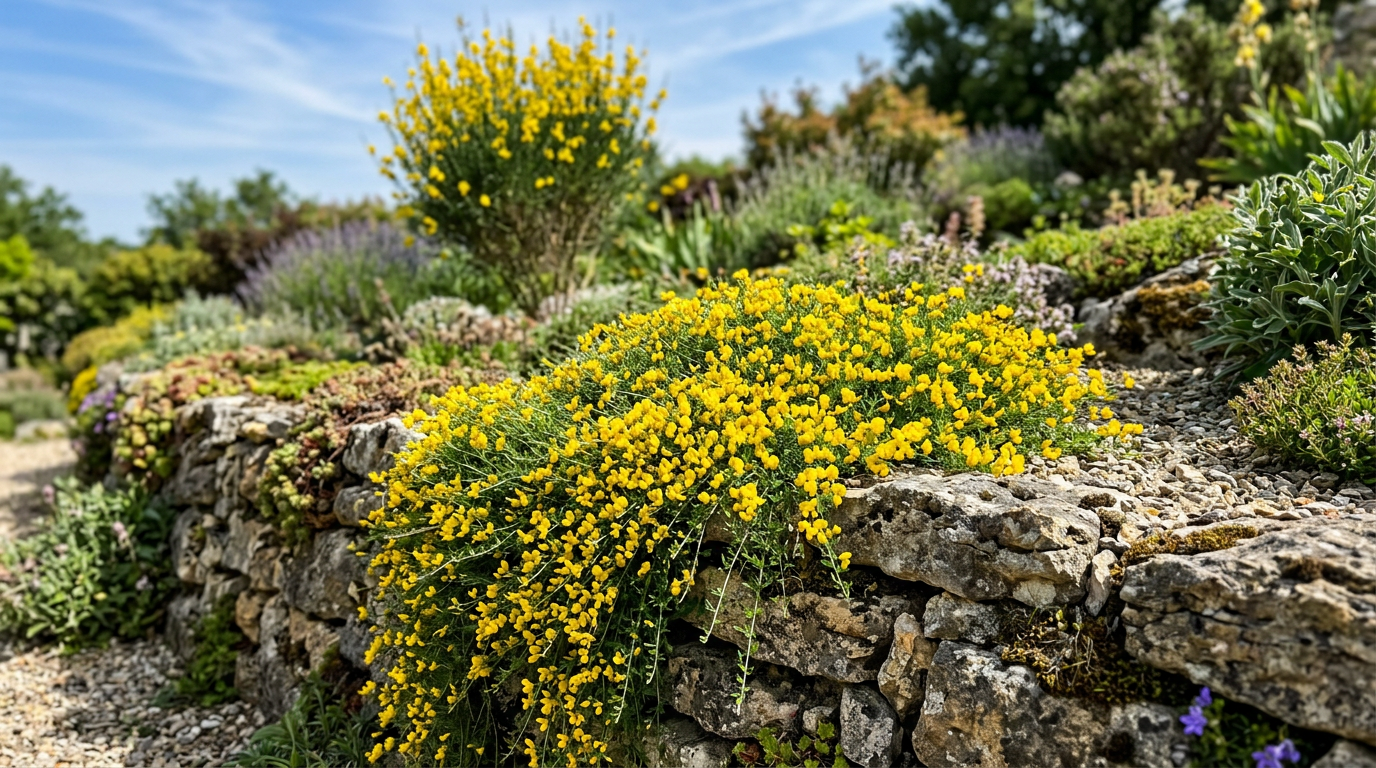 Genêt de Lydie rampant sur un muret de pierre en rocaille