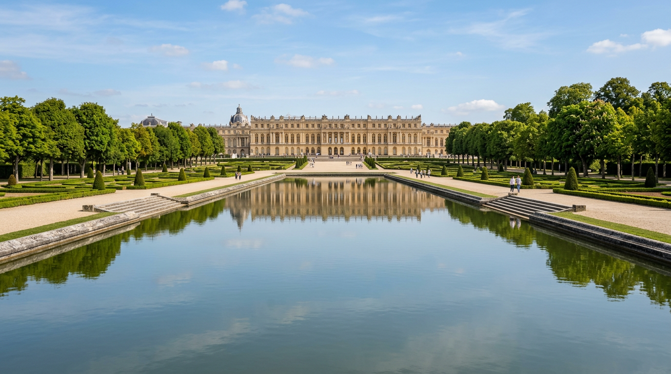 Miroir d'eau reflétant un château classique, illustrant la maîtrise de l'optique
