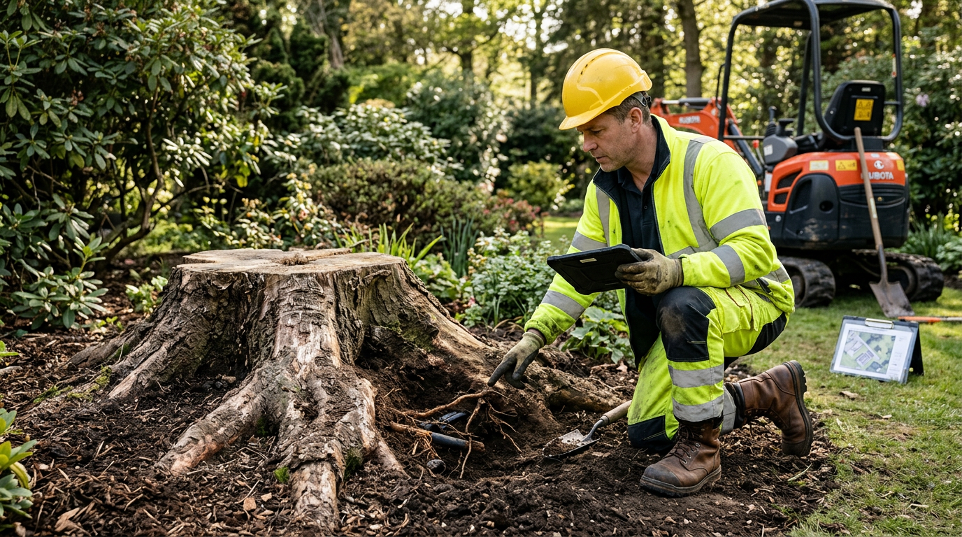 Paysagiste professionnel analysant le sol avant un dessouchage
