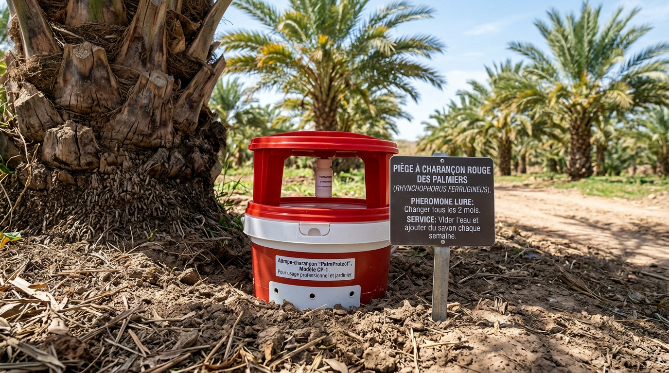 Piège à phéromones installé au sol pour capturer le charançon rouge