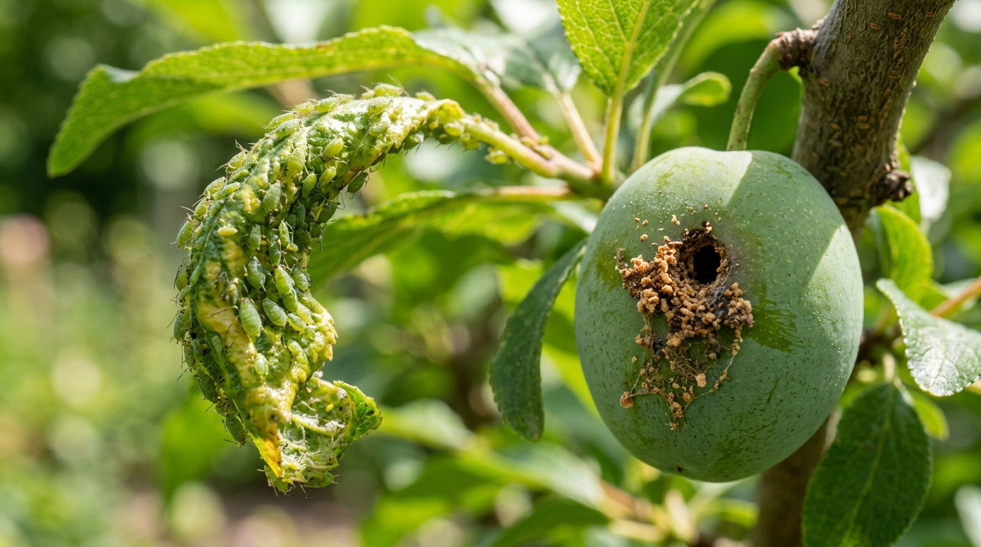 Pucerons sur feuille enroulée et dégâts de carpocapse sur prune