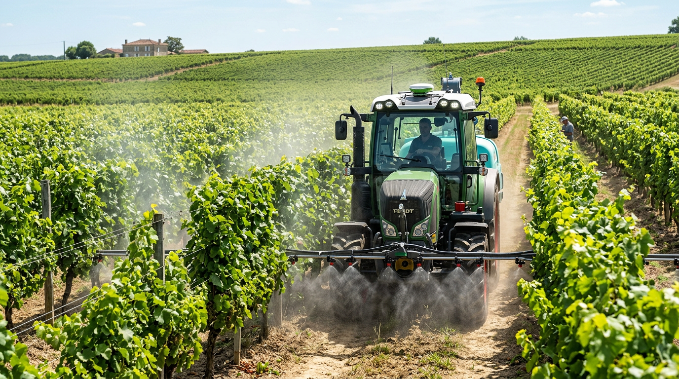 Tracteur enjambeur effectuant une pulvérisation de précision avec buses anti-dérive