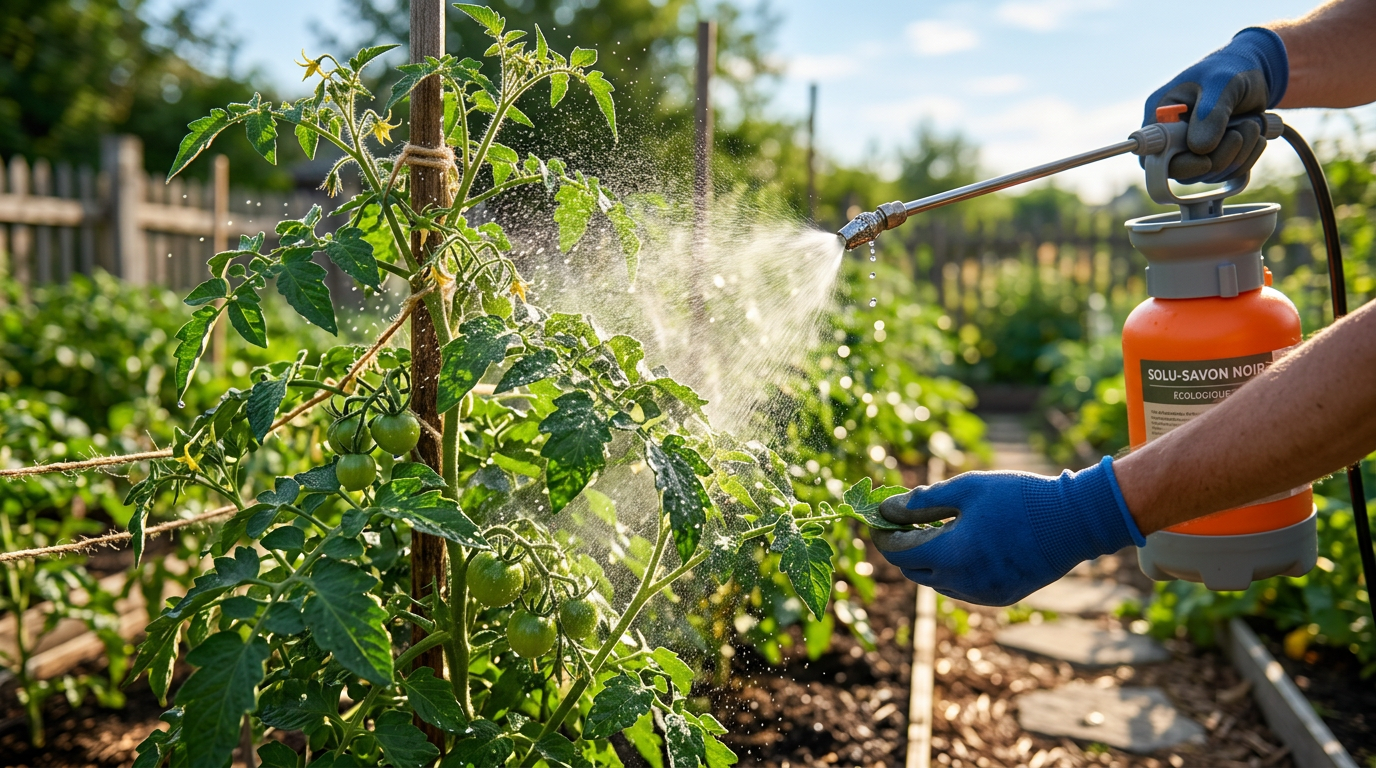 Pulvérisation de savon noir naturel sur un plant de tomate