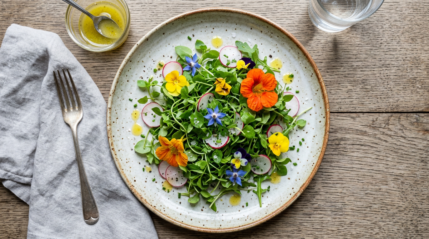 Salade gastronomique aux jeunes pousses de mouron des oiseaux et fleurs comestibles