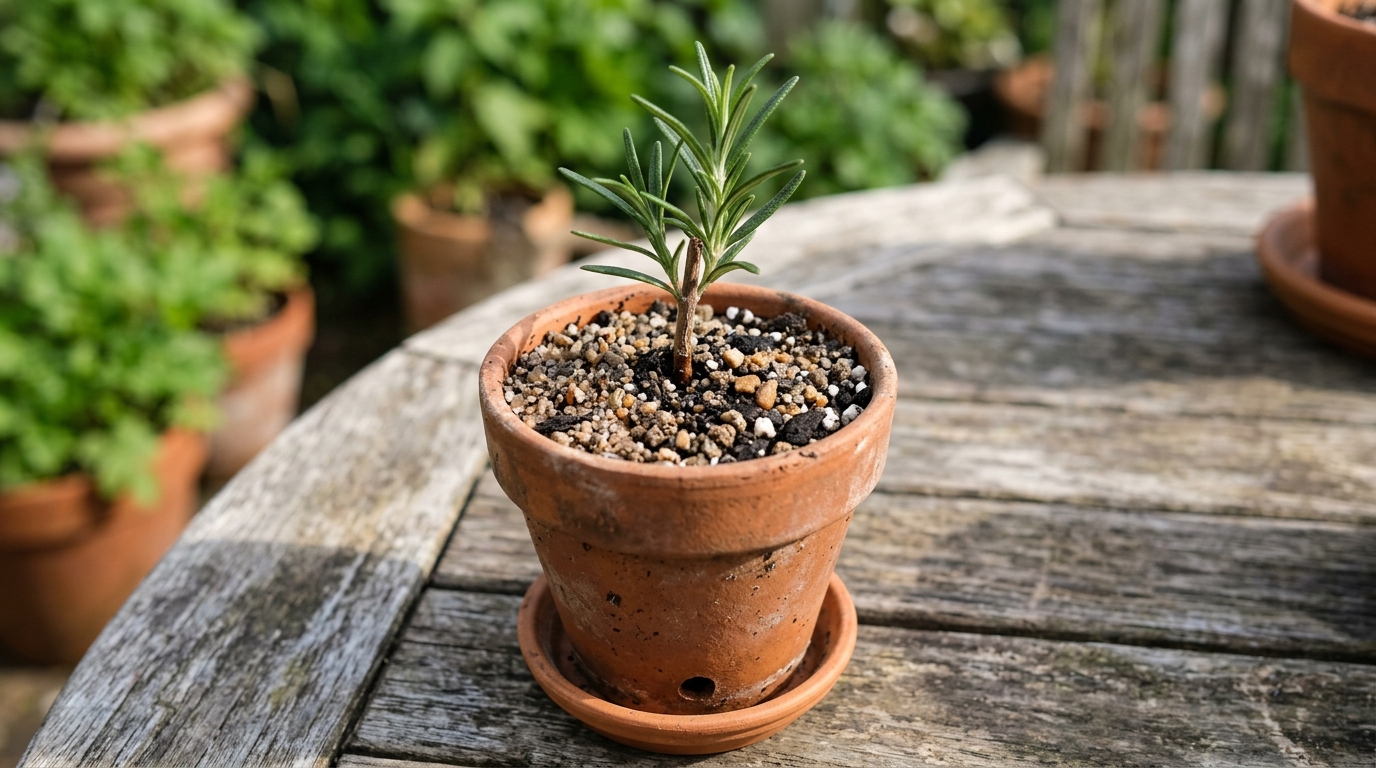 Bouture de romarin plantée dans un substrat drainant composé de sable et de terreau