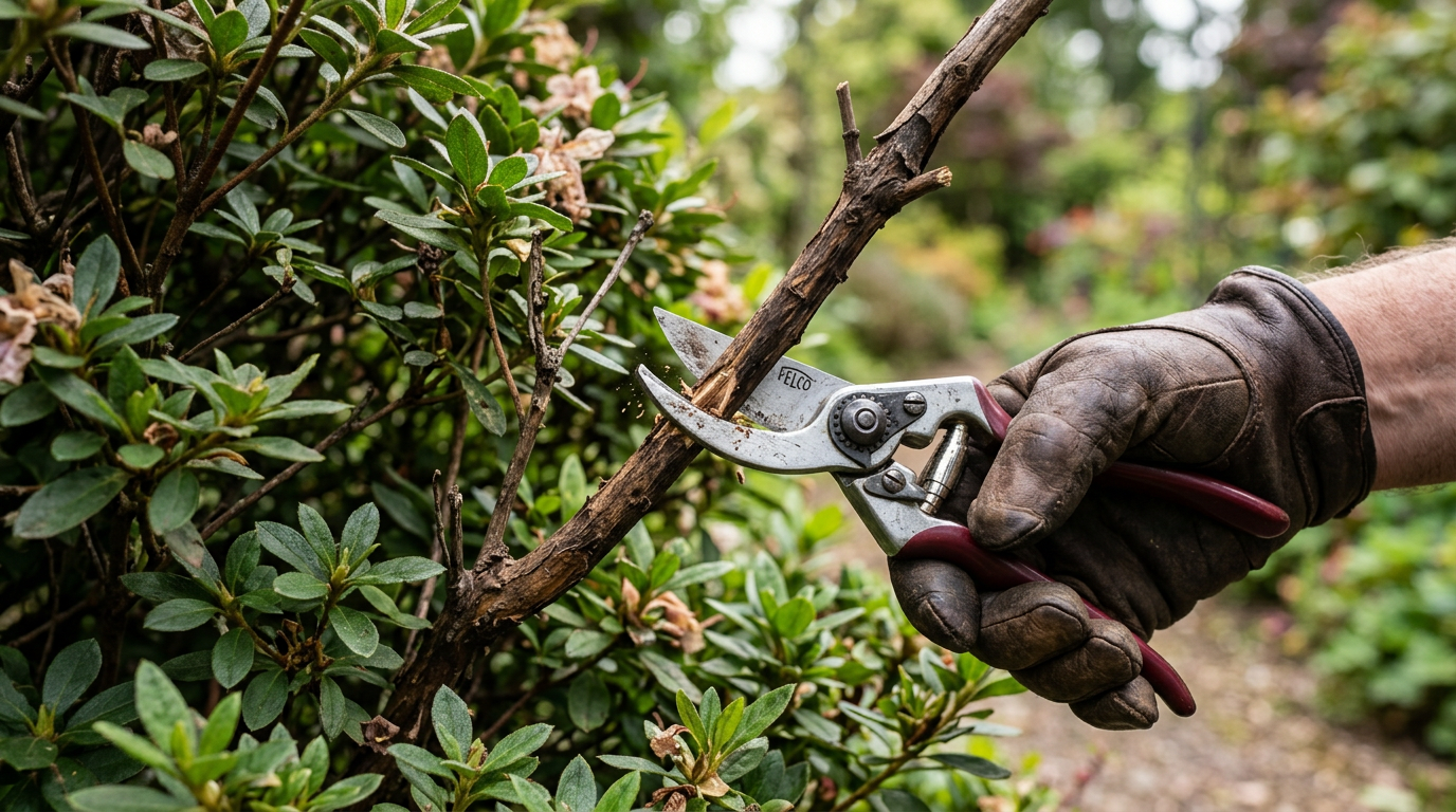 Taille d'entretien d'une branche morte sur une azalée mature