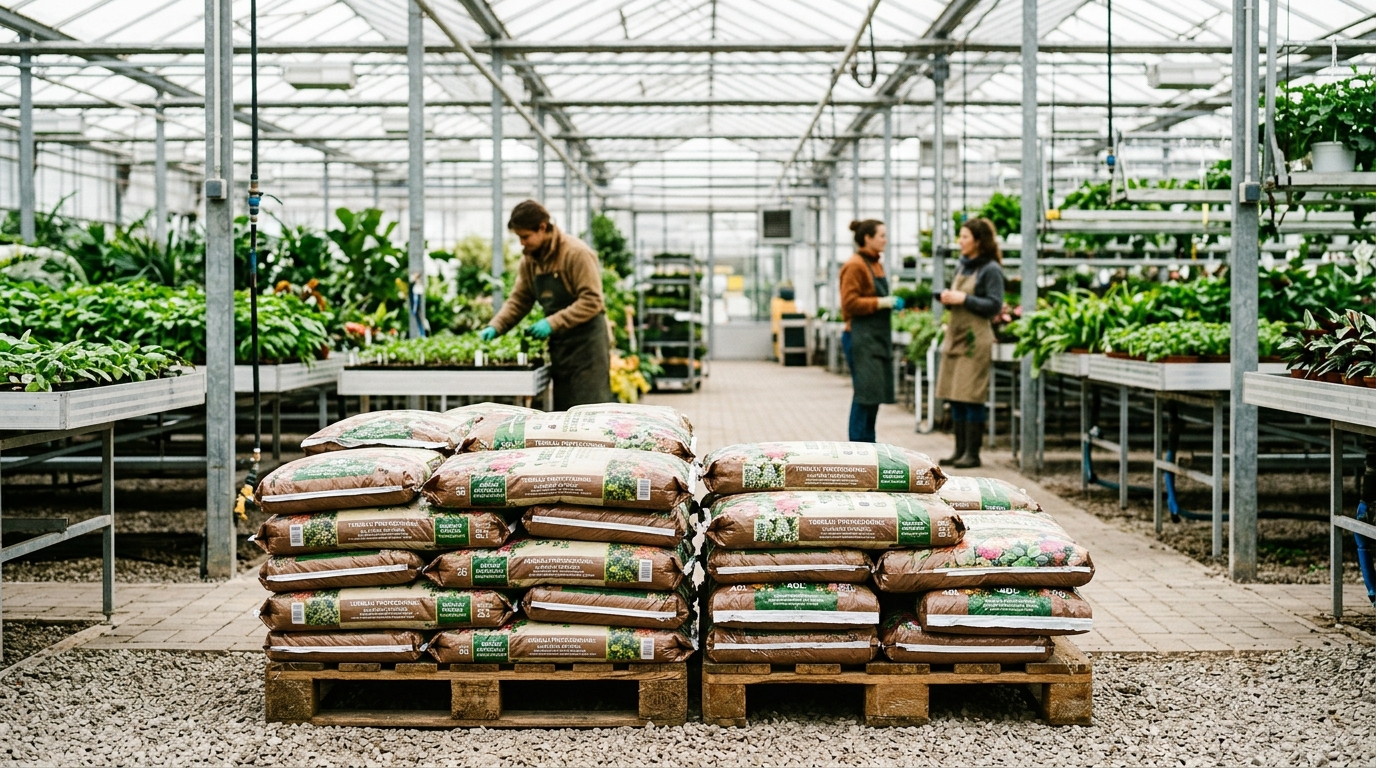Palettes de sacs de terreau professionnel dans une serre