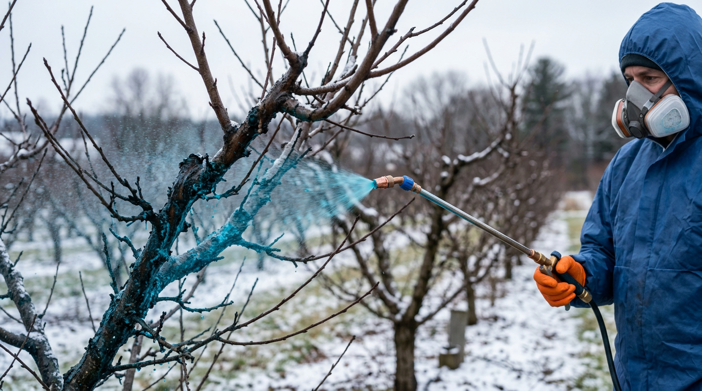Traitement d'hiver à la bouillie bordelaise sur pêcher