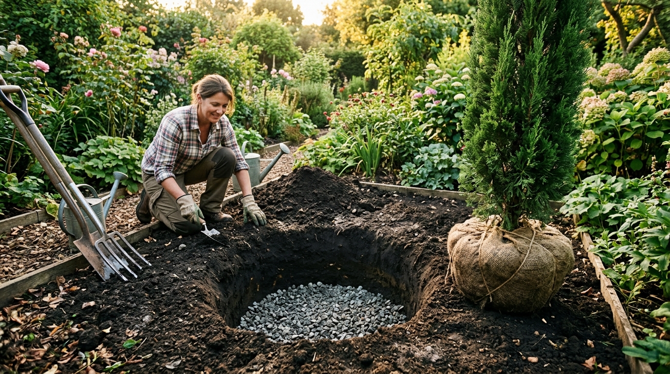 Trou de plantation pour cyprès avec couche de drainage en gravier