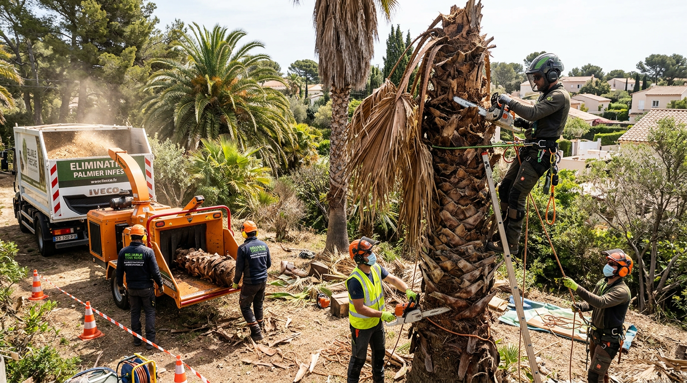 Abattage sécurisé et broyage d'un palmier mort infesté par des professionnels
