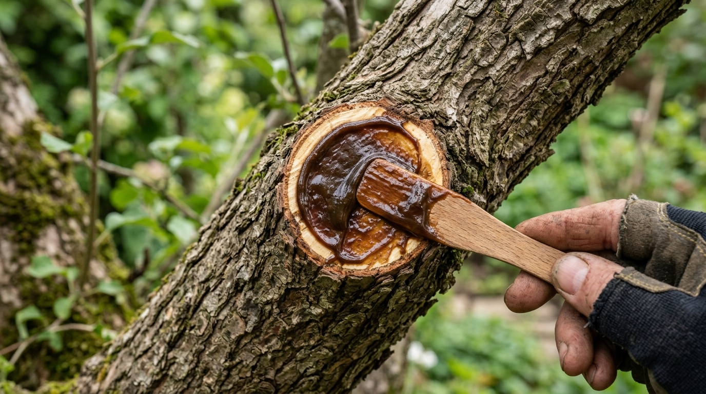 Application de mastic cicatrisant naturel sur une plaie de taille d'un prunier
