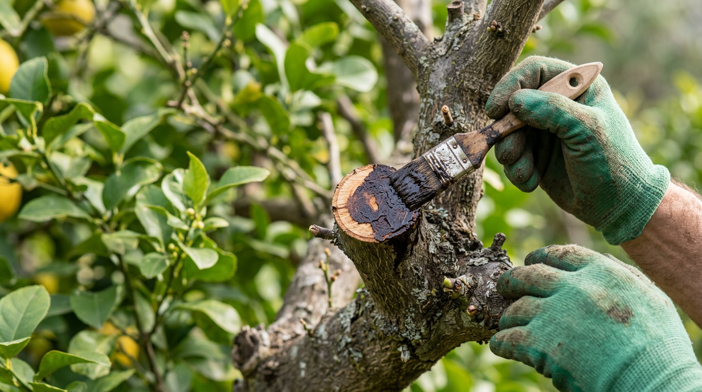Application de mastic de cicatrisation sur une coupe de branche de citronnier