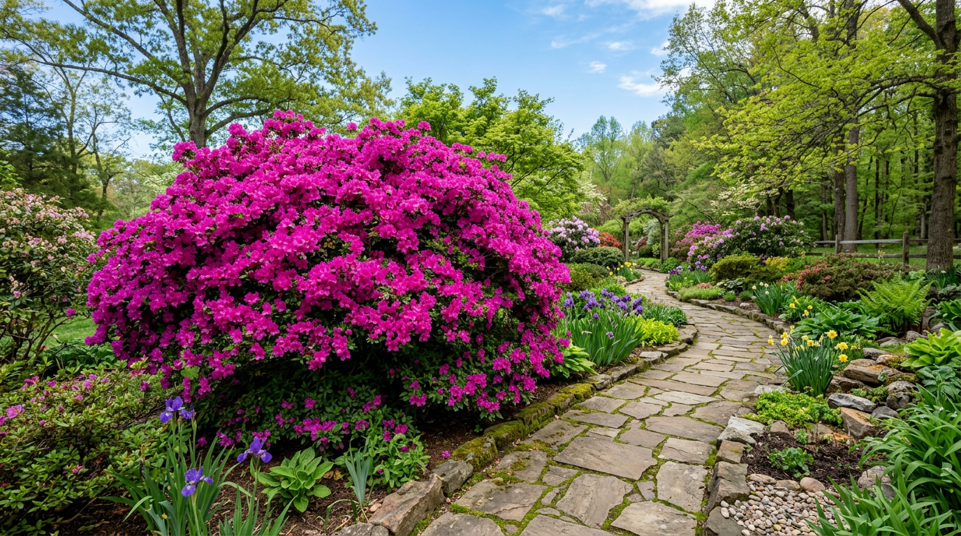 Azalée mature spectaculaire en pleine floraison dans un jardin paysager