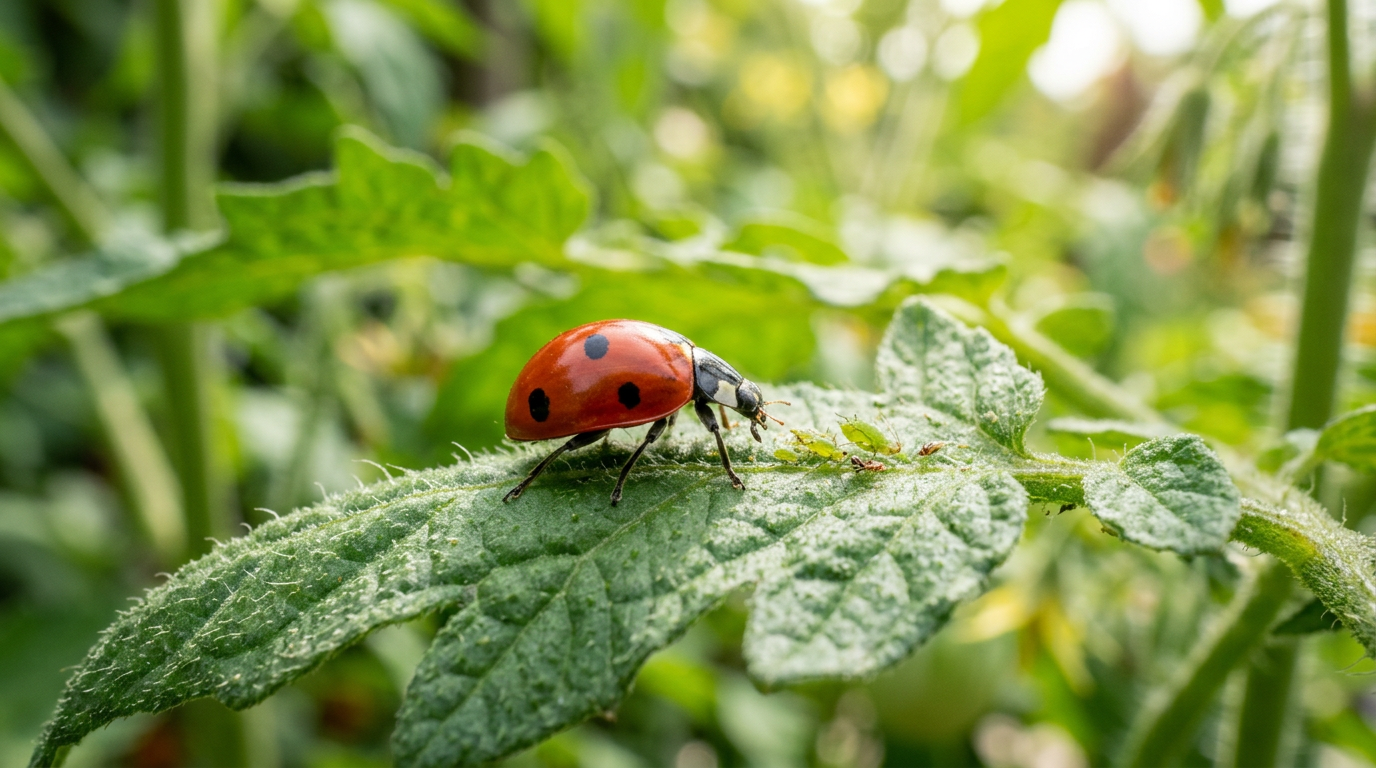 Coccinelle rouge chassant des pucerons sur une feuille de tomate