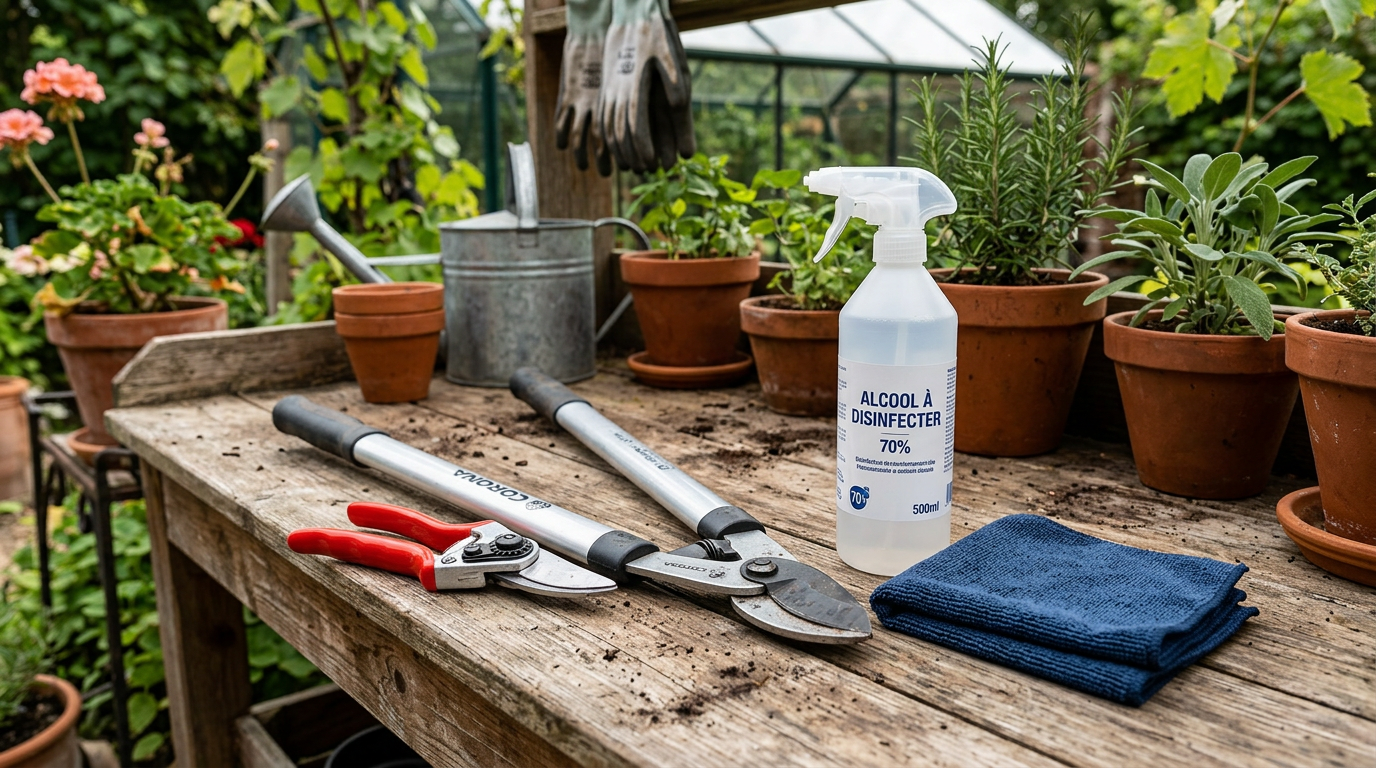 Outils de taille désinfectés et entretenus pour le jardinage