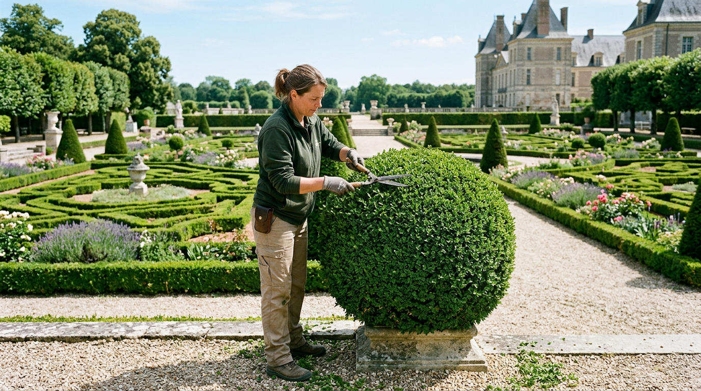 Jardinier professionnel taillant un buis en sphère dans un jardin régulier