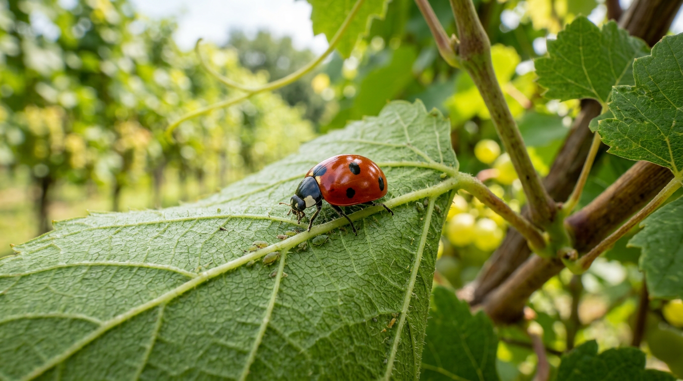 Insecte auxiliaire sur une feuille de vigne illustrant la lutte biologique