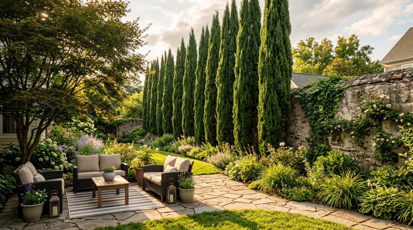 Haie de cyprès colonnaires aménagée le long d'un mur de jardin