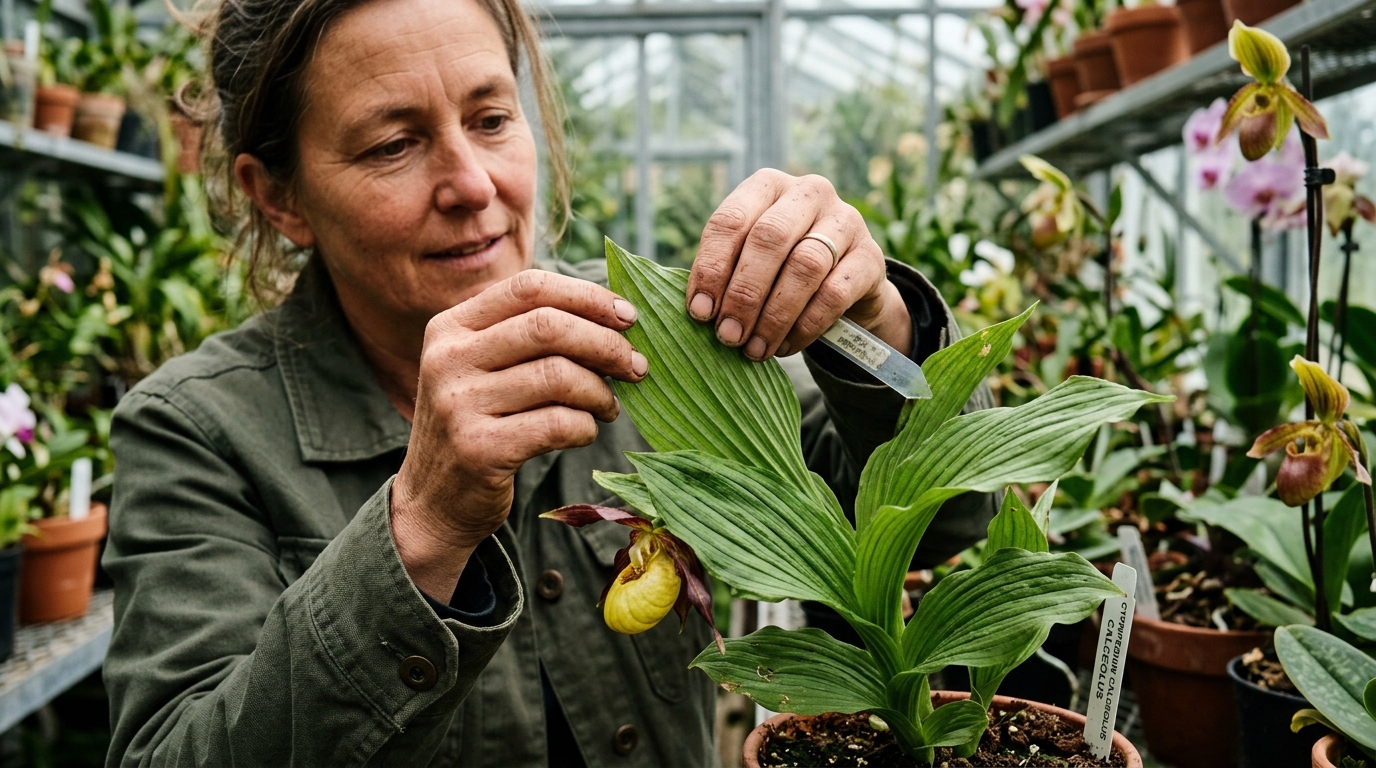 Jardinier inspectant les feuilles plissées d'une orchidée sabot de Vénus