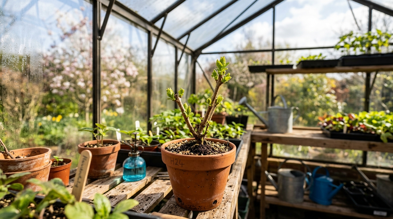 Jeune plant d'hortensia avec de nouveaux bourgeons au printemps