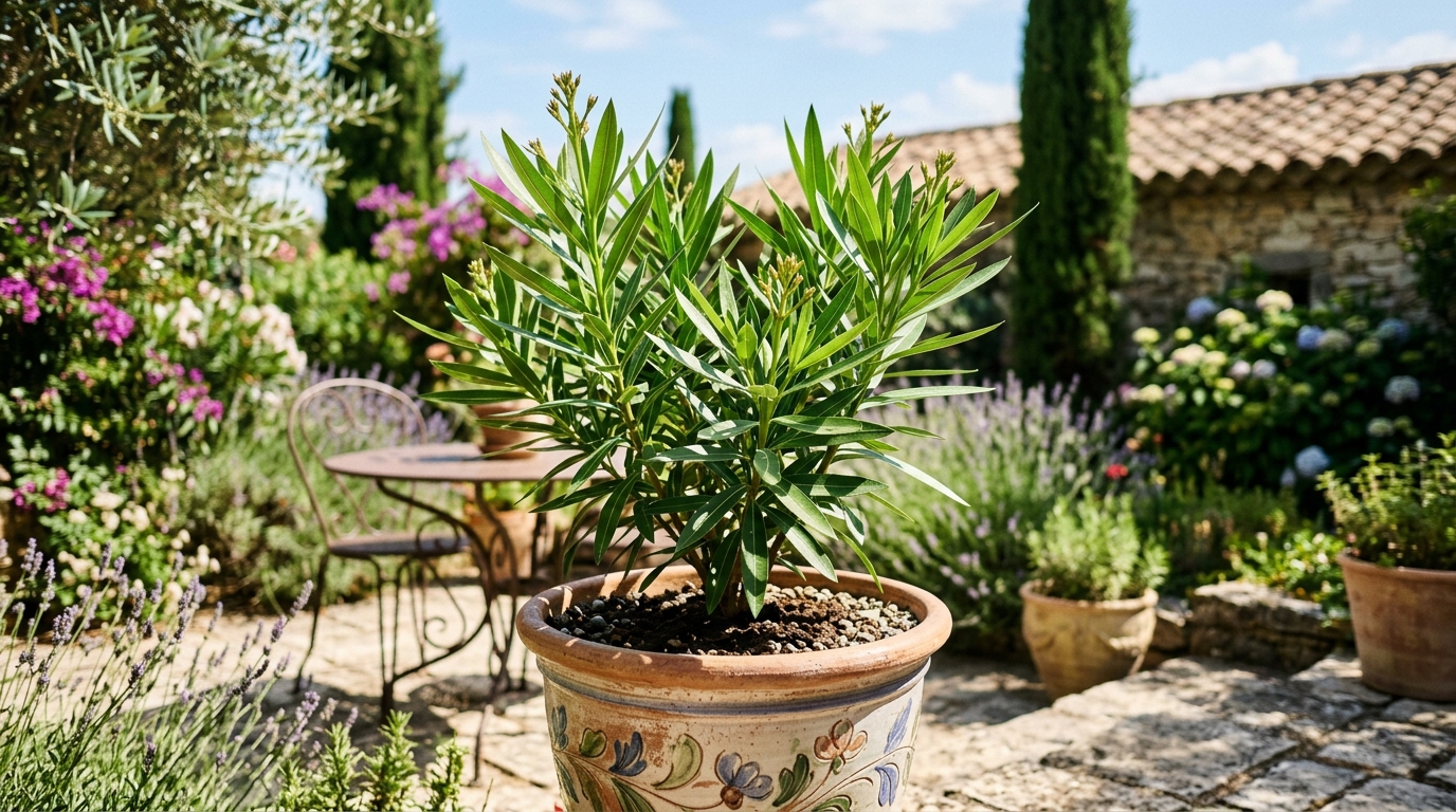 Jeune plant de laurier-rose vigoureux après rempotage