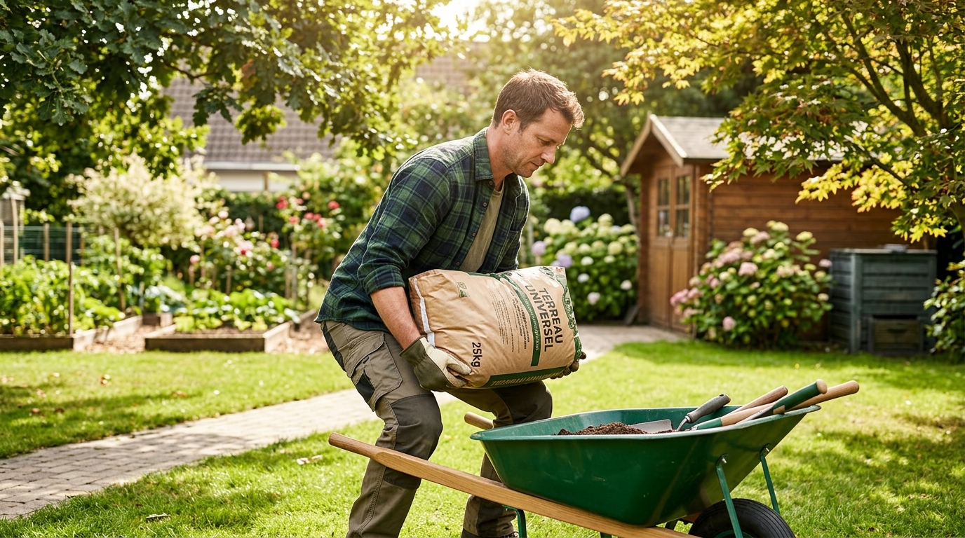 Jardinier soulevant un sac de terreau avec une bonne posture ergonomique