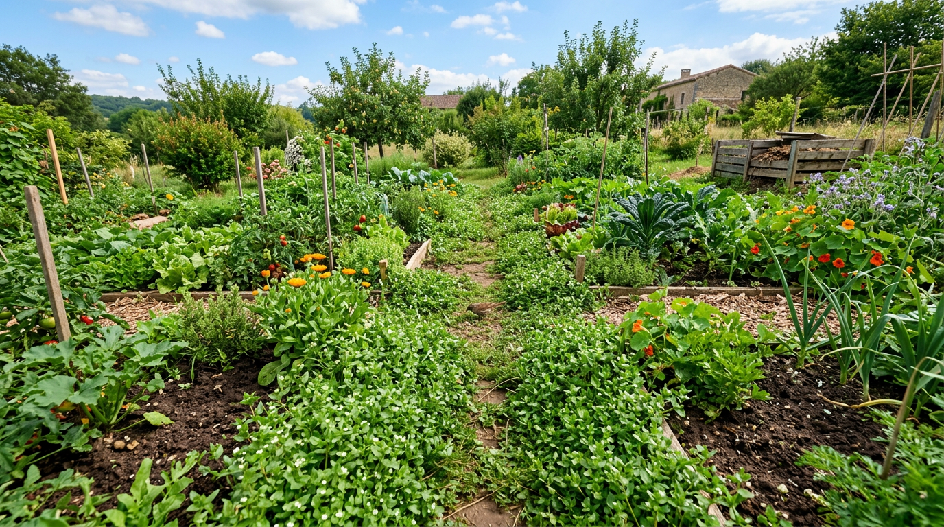 Couvre-sol naturel de mouron des oiseaux dans un potager en permaculture