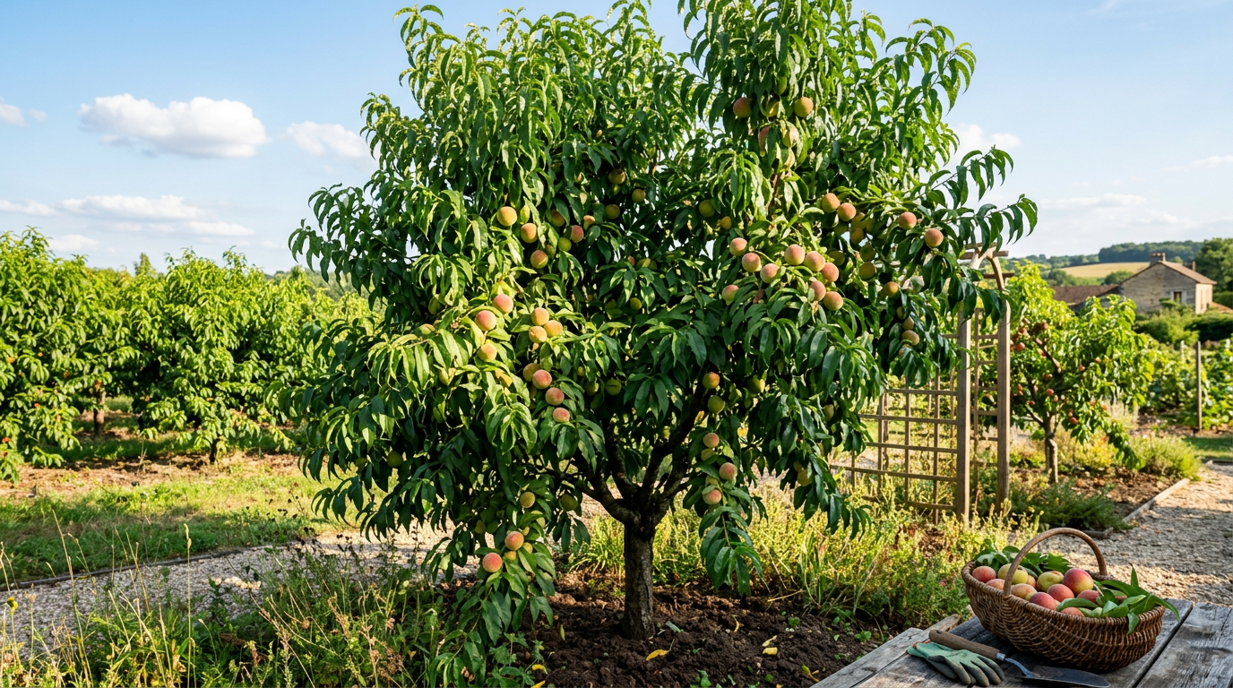 Pêcher vigoureux et sain dans un verger ensoleillé