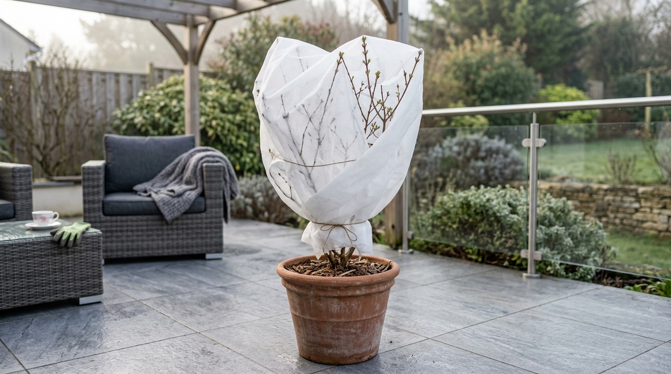 Lilas des Indes en pot protégé par un voile d'hivernage contre les gelées printanières