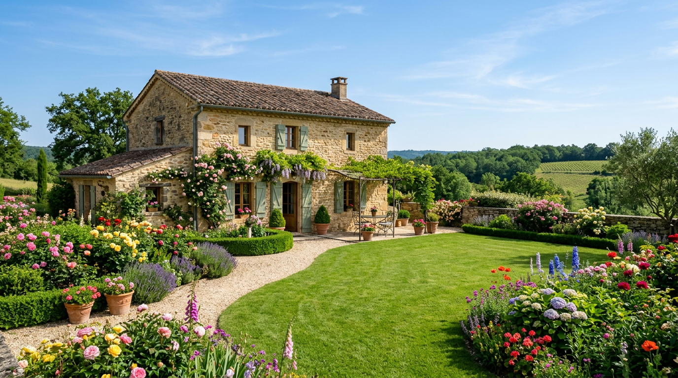 Superbe résidence secondaire avec un jardin fleuri et parfaitement tondu
