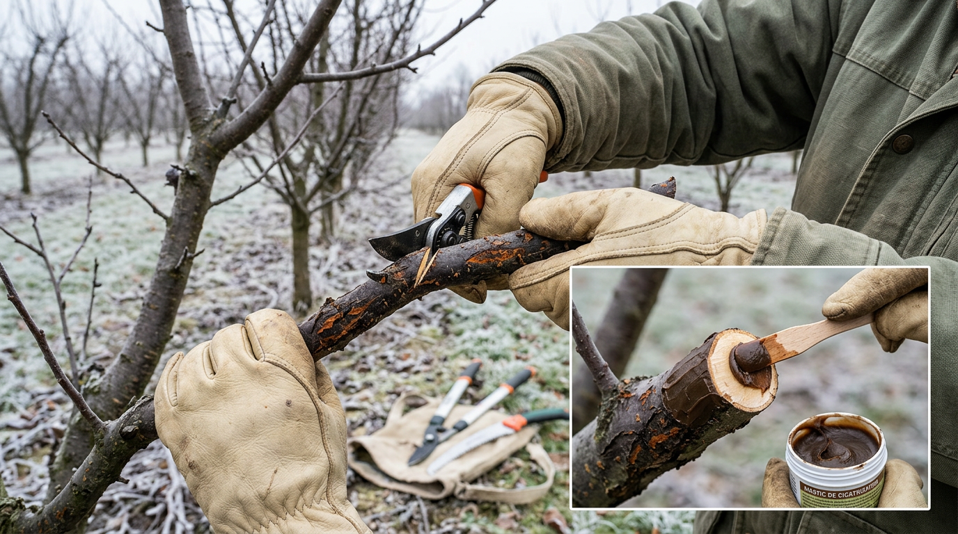 Taille sanitaire du prunier et application de mastic cicatrisant