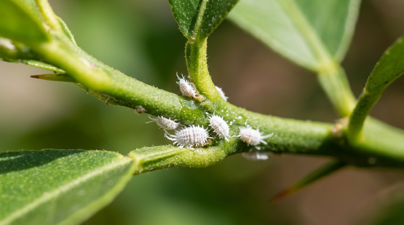 Amas cotonneux blancs de cochenilles farineuses sur une tige de citronnier