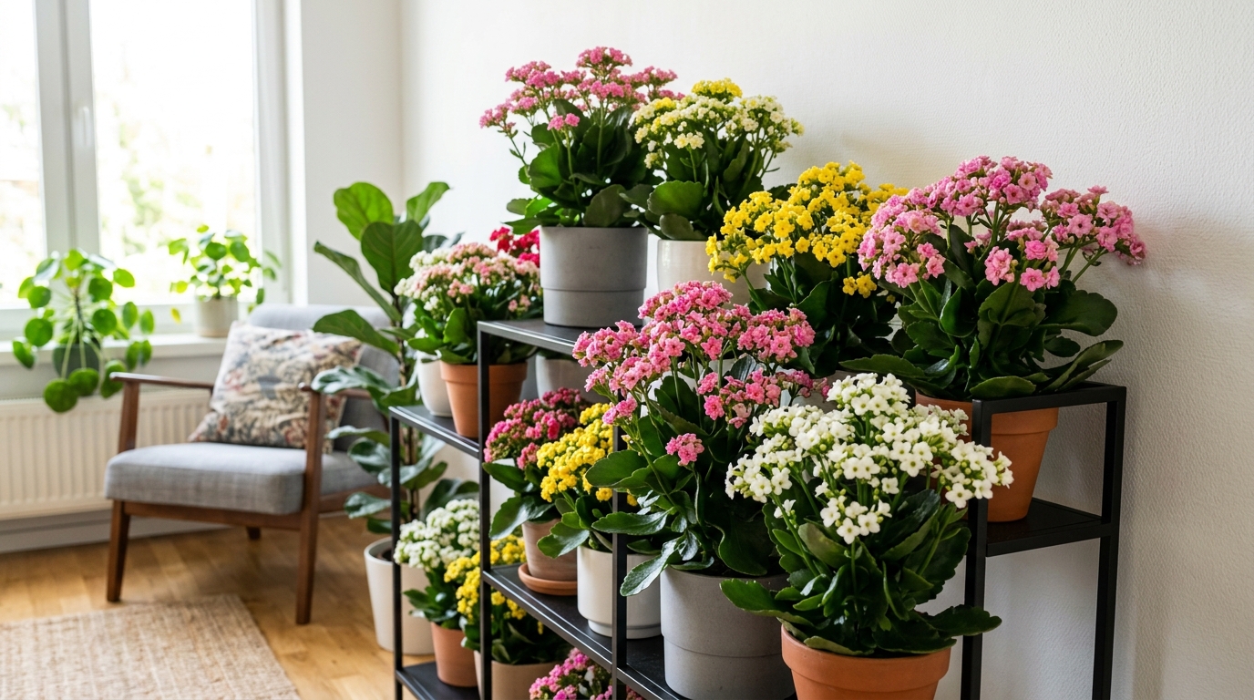 Collection de Kalanchoés aux fleurs multicolores dans un intérieur moderne