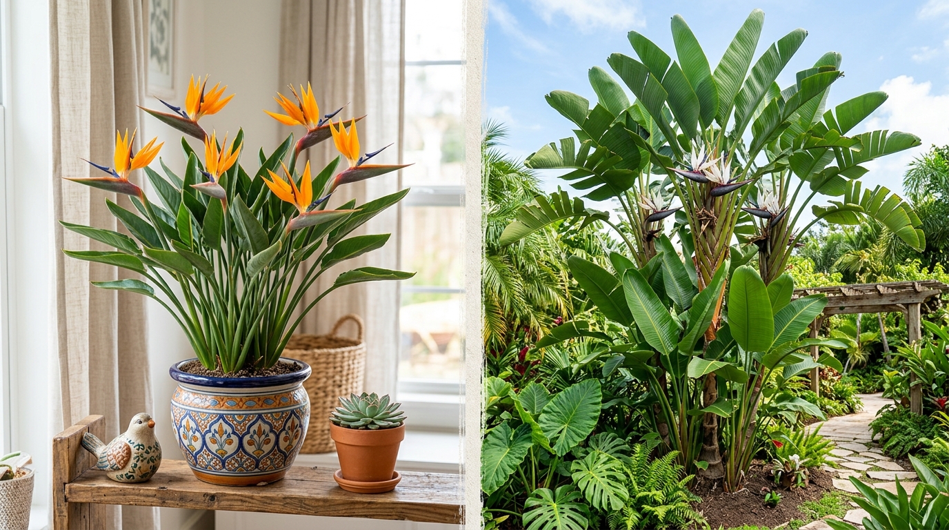 Comparaison entre le Strelitzia reginae en pot et le grand Strelitzia nicolai en extérieur