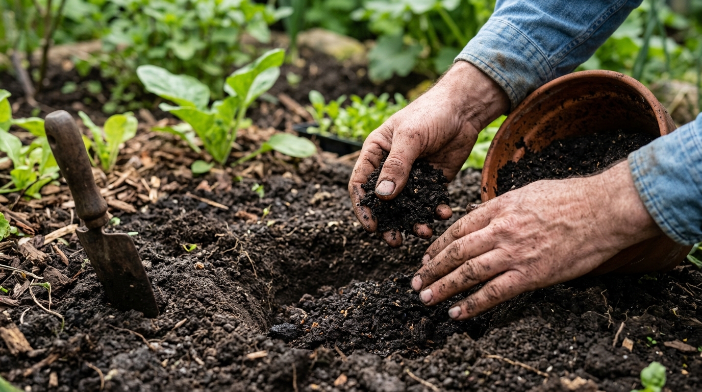 Mise en place de compost mûr au fond du trou de plantation
