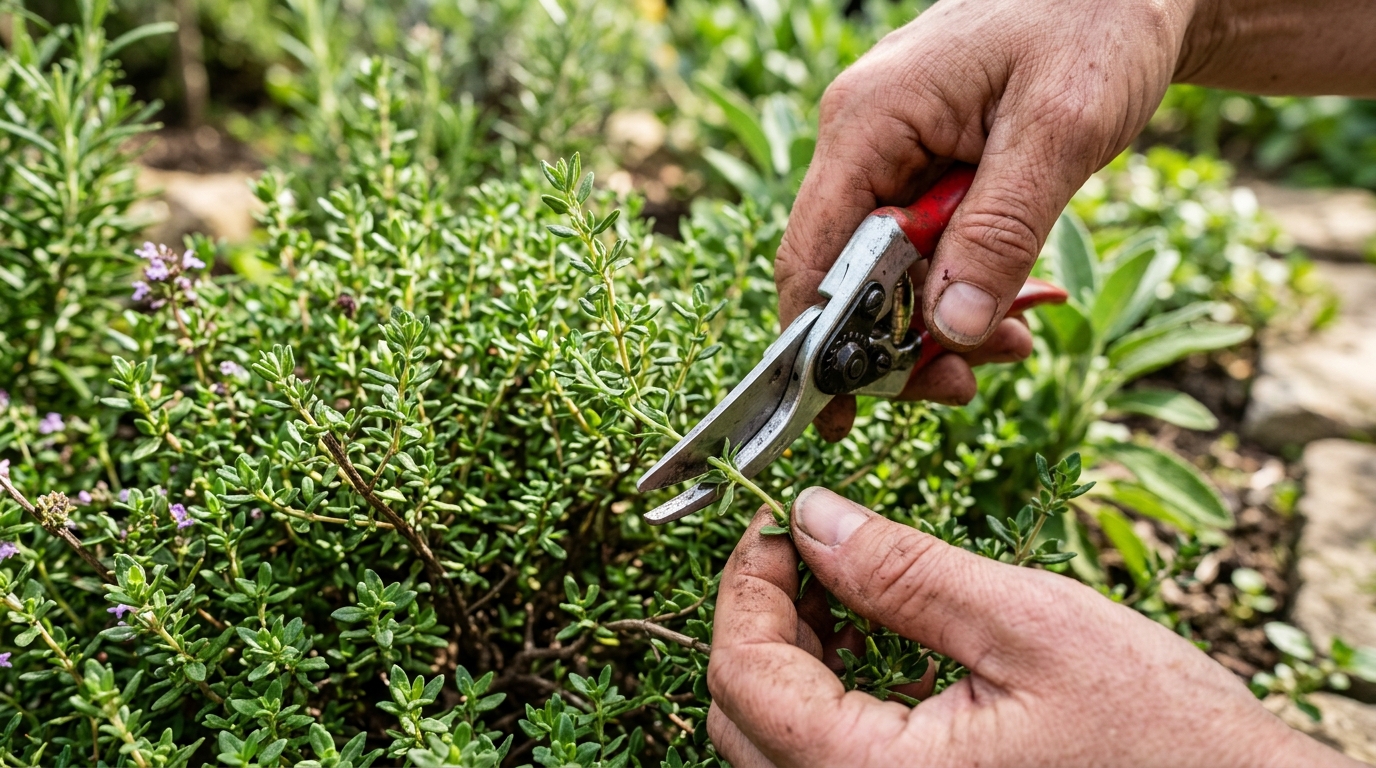 Jardinier coupant une tige de thym avec un sécateur pour le bouturage